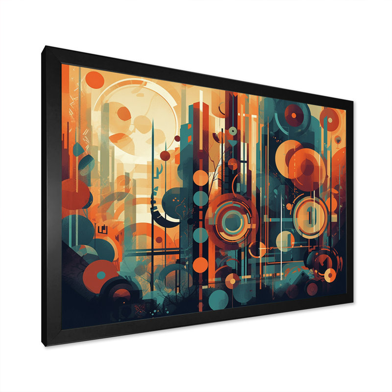 Braxtyn orange et bleu abstrait nostalgie II - art abstrait Mid-Century, Cadre simple noir, H 24 po x l 32 po x P 1 po