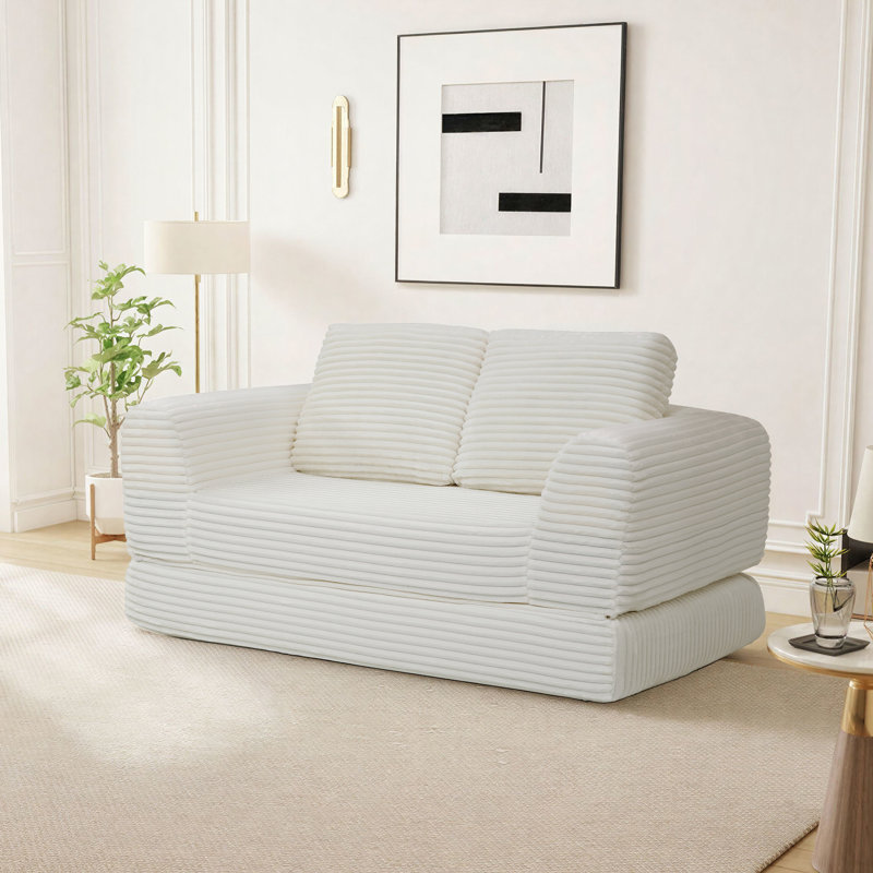 Boneless Cloud Compression Convertible Floor Sofa Bed, High-Density Sponge & Corduroy Fabric Futon Loveseat, Beige