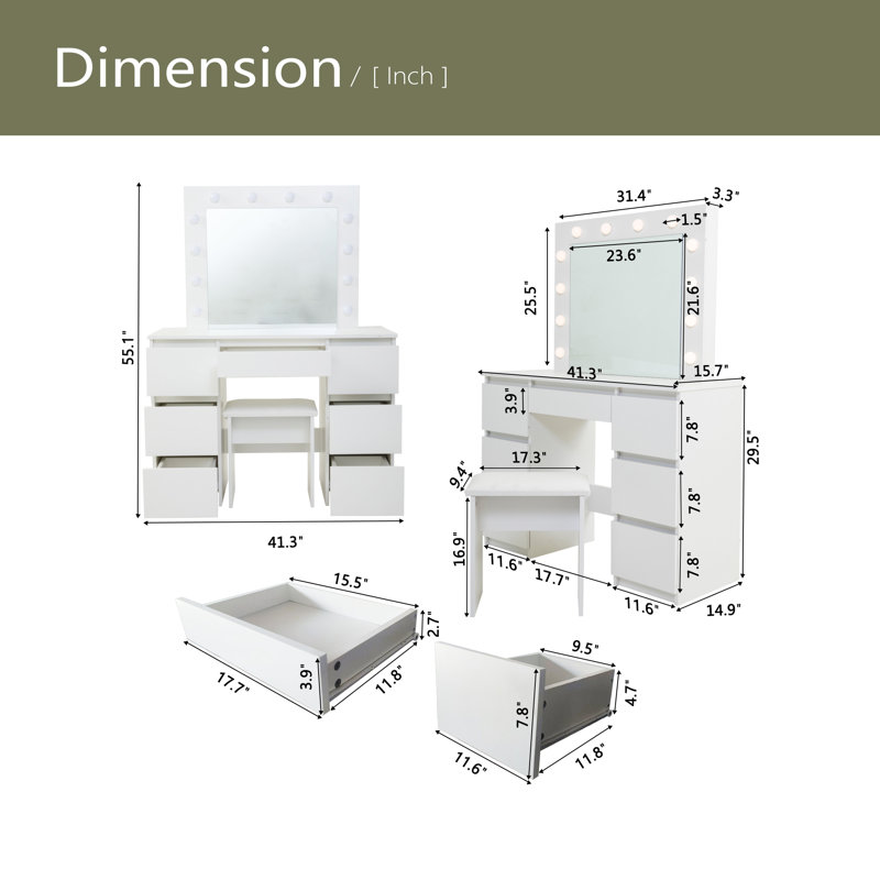 Grandes tables de coiffeuse blanches avec miroir et lumière