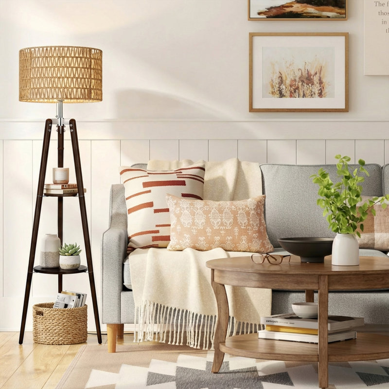 61'' Tall Boho Tripod Floor Lamp with Rattan and Fabric Shades for Home, 2 Pallet