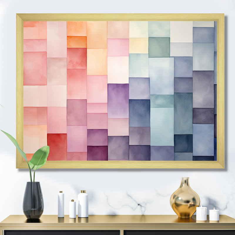 Motif de cubes multicolores III - art mural géométrique, H 24 po x l 32 po x P 1 po, Cadre doré à coins fermés