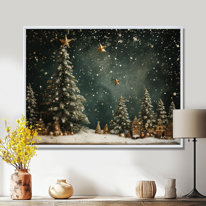 Décoration de sapin vert de Noël - Art mural sur toile de pin, Blanc, H 16 po x l 32 po, Reproduction avec cadre flottant