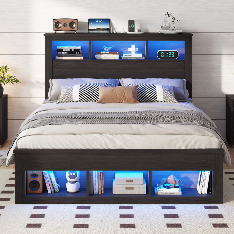 Revan Ivy Bronx Wooden Bed With Storage Headboard&Footboard, Queen, Black