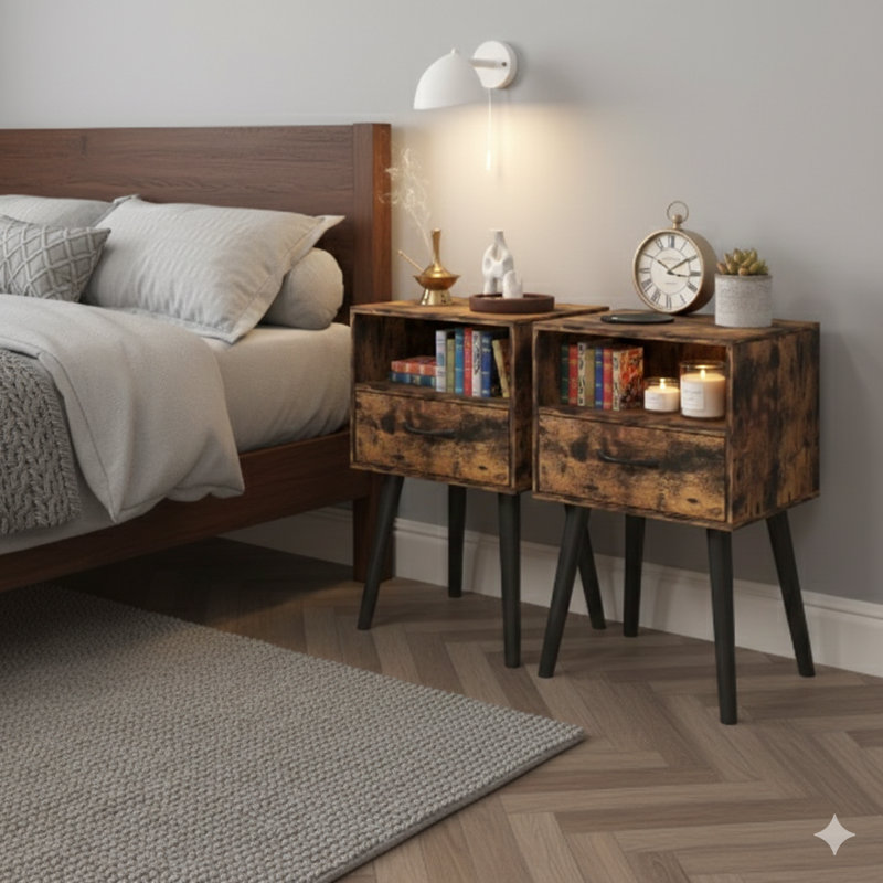 Une table de chevet moderne avec un tiroir de rangement et une tablette ouverte en bois. Convient pour le salon, la chambre à coucher et les petits espaces. Une table de chevet d'appoint facile à assembler.