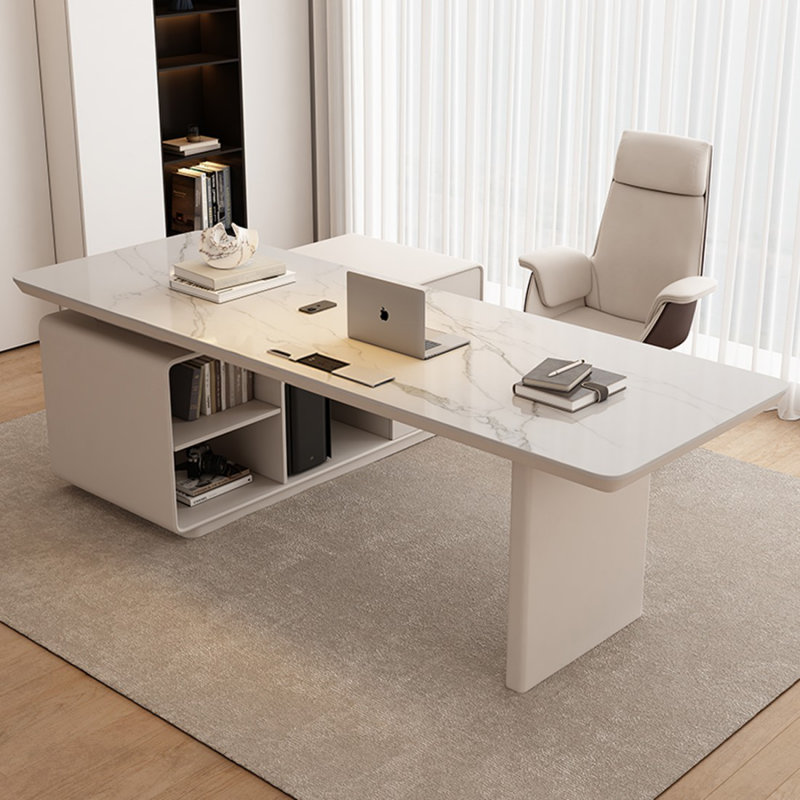 White Rectangular Stone+Manufactured Wood With Drawers Desk, 29.53" H x 78.74" W x 47.24" D, Right Hand Return