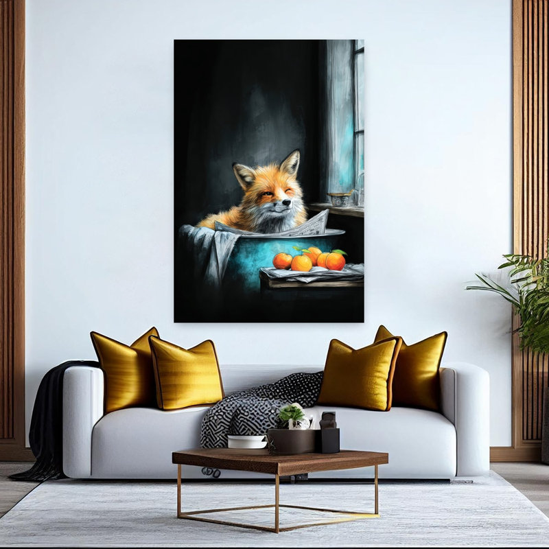 Renard dans la baignoire, art mural forêt contemporaine, H 60 po x l 40 po
