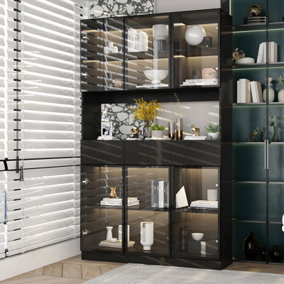 Bibliothèque à portes multiples en verre avec éclairage DEL tricolore et section ouverte