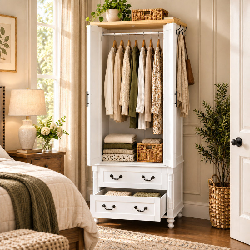 Armoire-penderie 2 portes de 31,5 po de largeur avec tringle, 2 tiroirs et 6 crochets latéraux