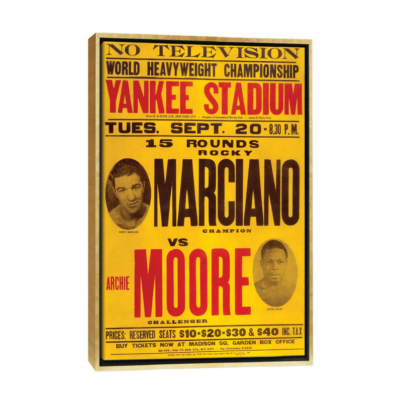 Marciano contre Moore - publicité imprimée, H 40 po x l 26 po x P 1,5 po, Toile encadrée d'or, Aucun mat