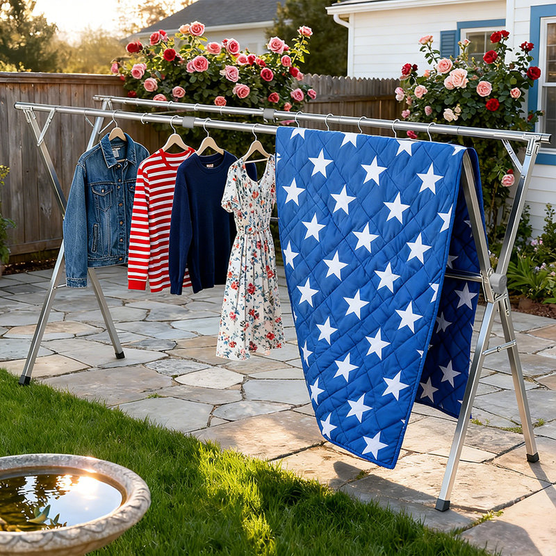  JOYBOS Telescopic clothes drying rod, foldable and space-saving, heavy-duty design. Ideal for sheets, quilts, carpets and garments. Perfect for laundry rooms and yards. Equipped with 20 windproof hooks and 12 sock clips, no assembly required