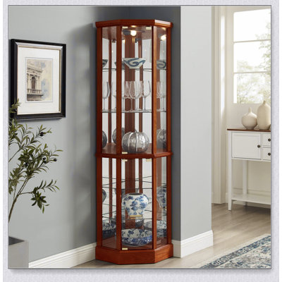 6 Shelf Lighted Corner Curio Cabinet with Adjustable Tempered Glass Shelves and Mirror Back by Red Barrel Studio