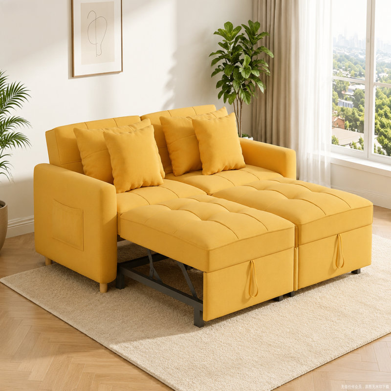 2 Seater Linen Sofa Bed, Yellow