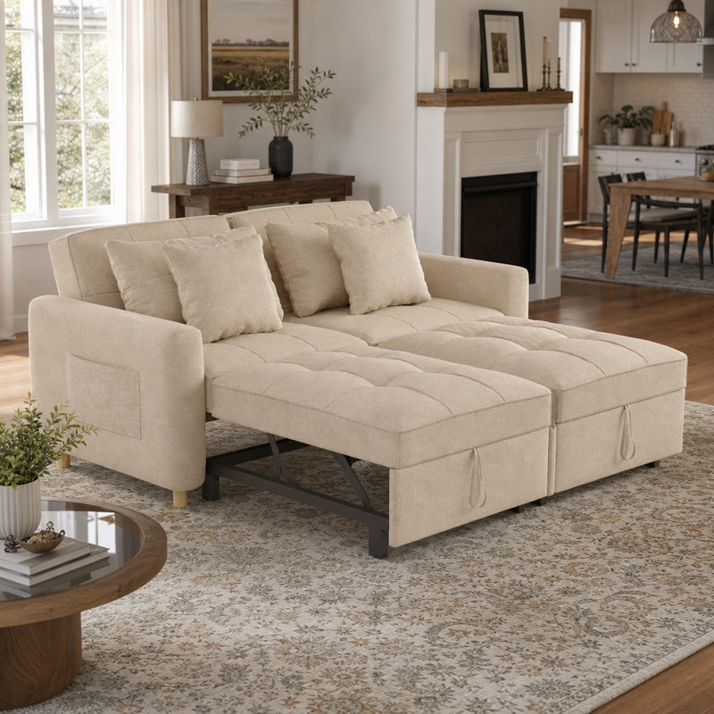 Borchert 2 Seater Fabric Sofa Bed, Beige Linen