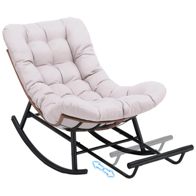Outdoor Rocking Papasan Chair, Oversized Wicker Patio Rocker, Indoor Comfy Wicker Reading Lounge, Bed-Like Comfort Egg Chair For Bedroom,Balcony, Porch, Garden, Beige