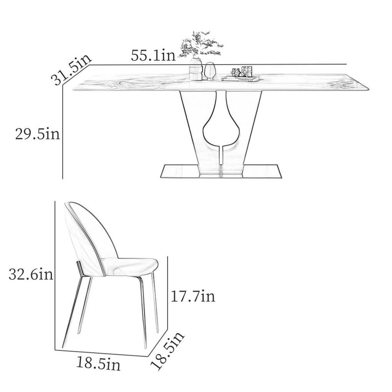 Modern Rectangular Rock Slab Dining Table Sets, 29.5"H x 55.1"L x 31.5"W