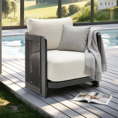 Modern Rope Woven Patio Chair with Aluminum Frame and Wood Grain；Weather-Resistant Outdoor Armchair for Pool and Garden (Only 1 Chair)