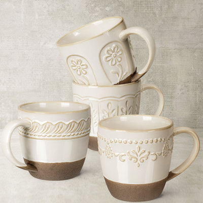  16 oz Embossed Ceramic Coffee Mugs, Set of 4, Microwave & Dishwasher Safe White Latte Cups for Tea & Cocoa (Multiple Patterns)