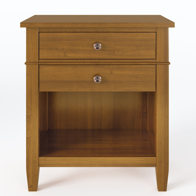 Carlton 24"W Solid Wood Transitional Nightstand with 2 Drawers, Open Storage Shelf and Bronze Hardware, Light Golden Brown