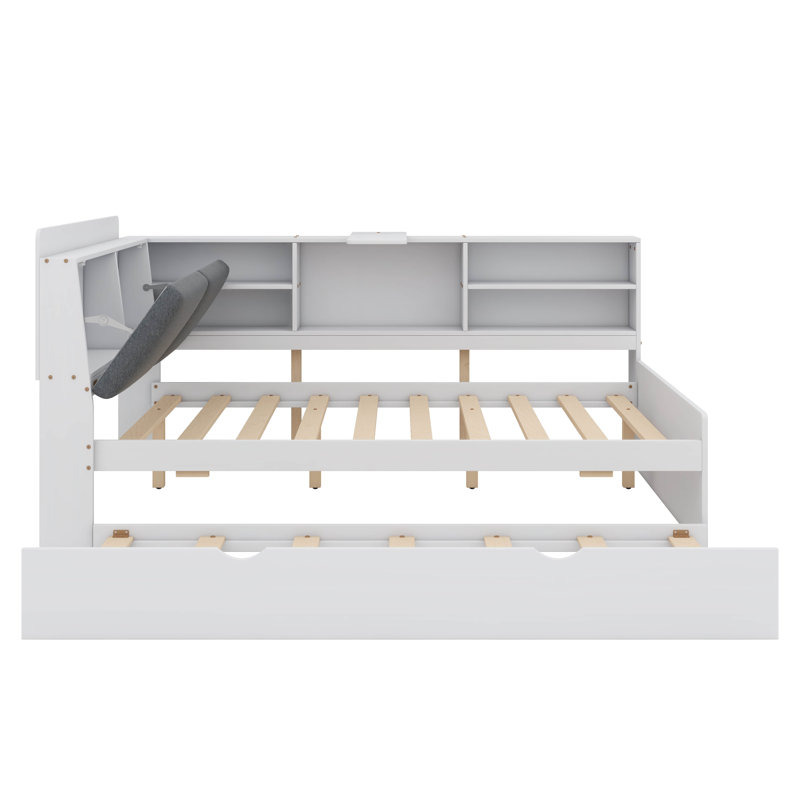 Platform Bed With An Underbed Trundle, Shelves, And A Storage Headboard, White, Full
