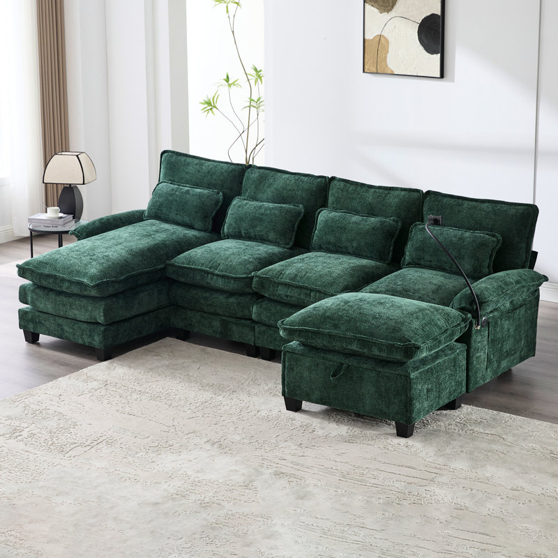 Chenille en forme de U de 106 po pour le salon, canapé-lit à 4 places avec et coussins, doux et chenille, bois massif, ports de charge, espace modulaire avec repose-pieds mobile, canapé-lit, tissu, structure en bois,