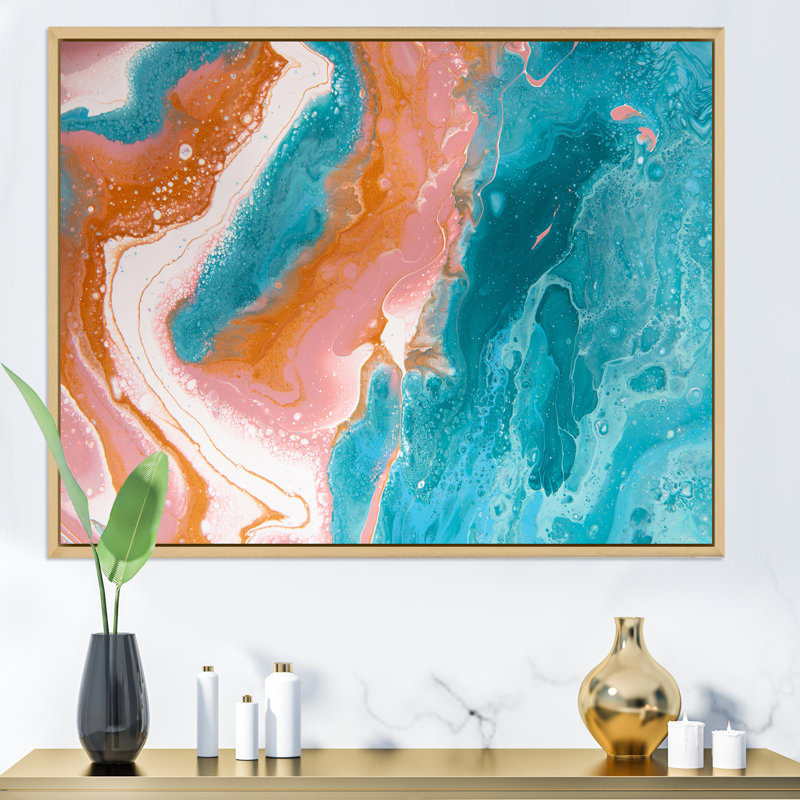 Turquoise et vagues de marbre rose II - peinture sur toile, H 24 po x l 32 po x P 1 po, Cadre flottant en érable