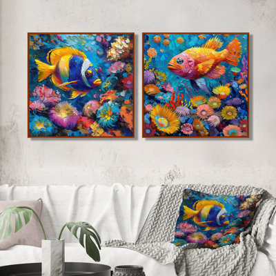 «Blue Yellow Tropical Fish Paradise I» par Sea Creatures, art mural moderne sur toile 2 pièces