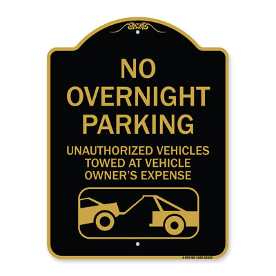 Enseigne Signmission Designer Series - Pas de stationnements de nuit, les véhicules non autorisés seront remorqués | Enseigne architecturale noire et dorée de 18 po x 24 po en aluminium épais | Protégez votre entreprise | Fabriqué aux États-Unis
