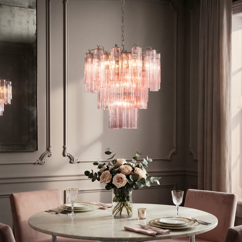 Lustre moderne en verre texturé rose 23 po en nickel poli élégant à plusieurs niveaux pour salle à manger ou lieu de mariage