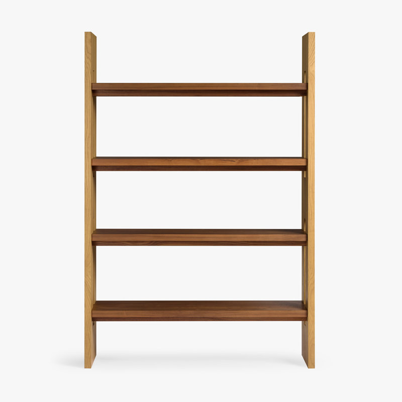 Bibliothèque Leo en chêne et noyer, tablette ouverte, fini bois naturel, autoportante, idéale pour le salon, le bureau ou la salle d'étude.