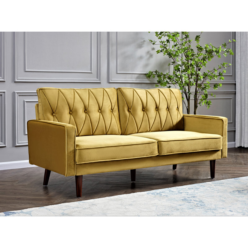 Petit canapé à dossier coussiné en velours, Velours jaune-vert, H 31,5 po x l 57,5 po x P 33,5 po