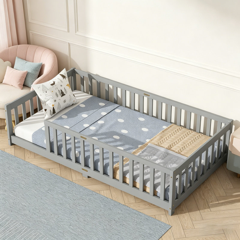 Lit simple au sol avec garde-corps de sécurité, idéal pour la transition des enfants vers un lit indépendant, gris, Gris