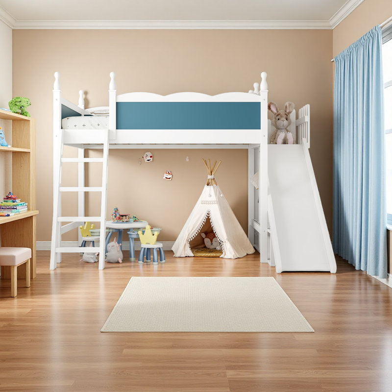 Lit mezzanine simple avec tablettes de rangement et garde-robe, Lit simple, Bleu