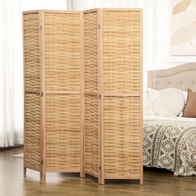 5.5' Tall Portable Screen Partition Privacy - 4 Panel Folding. Hand-Woven Double Side Wall For Home Office, Natural Charm, & Space Saving Folding Panel. Simplicity, Transportable