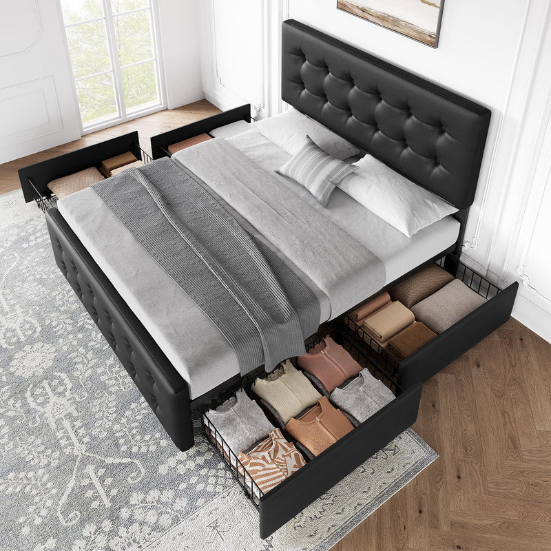 Bed Frame With Headboard And 4 Storage Drawers, Platform Bed Frame Square Stitched Button Tufted, Beige, Queen