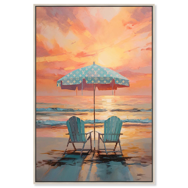 «Sunset Beach View Glam Coastal» par Art Remedy, H 25 po x l 17 po, Cadre argenté