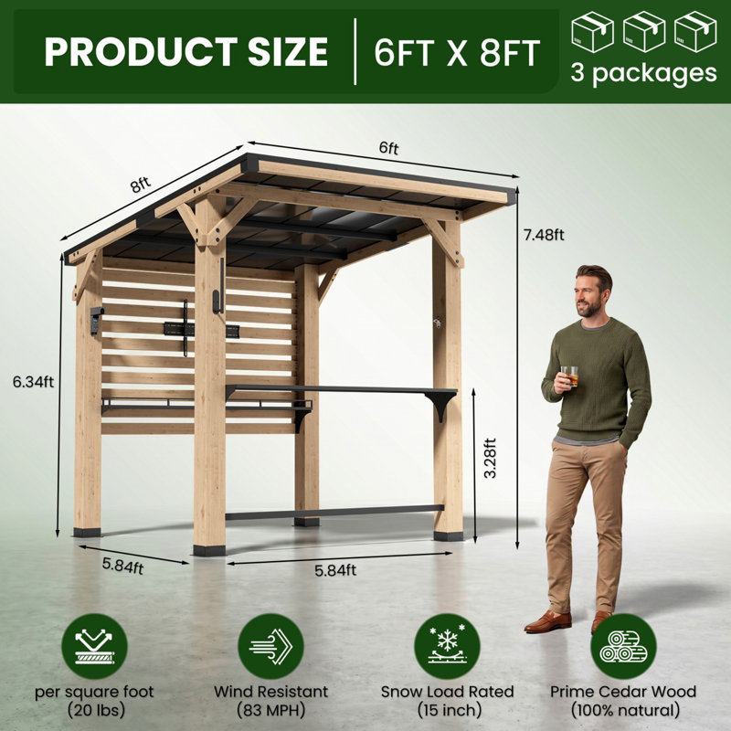 6'x8' Cedar Wood Outdoor Bar & Grill Gazebo, Built-in Power Outlets & TV Mount for Backyard Deck Garden BBQ Entertainment