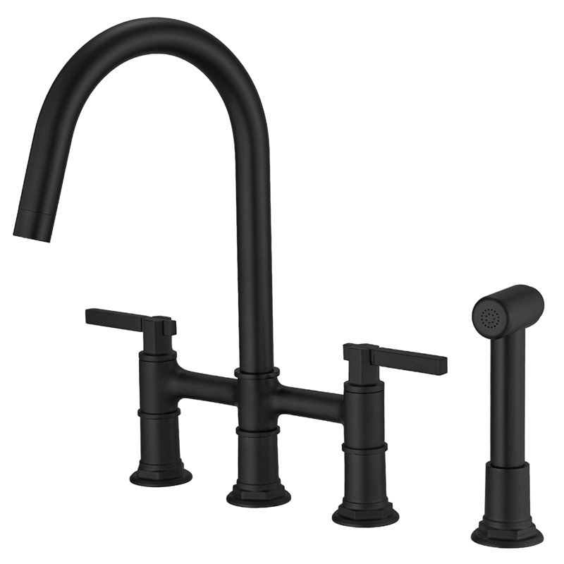 4 Hole Bridge Kitchen Faucet With Side Sprayer Double Handle Kitchen Sink Faucets Brass High Arc Kitchen Basin Taps With Swivel Spout