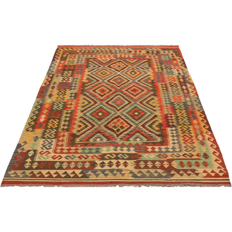 Tapis crème/rouge foncé/vert clair fait main kilim geometric Bianco