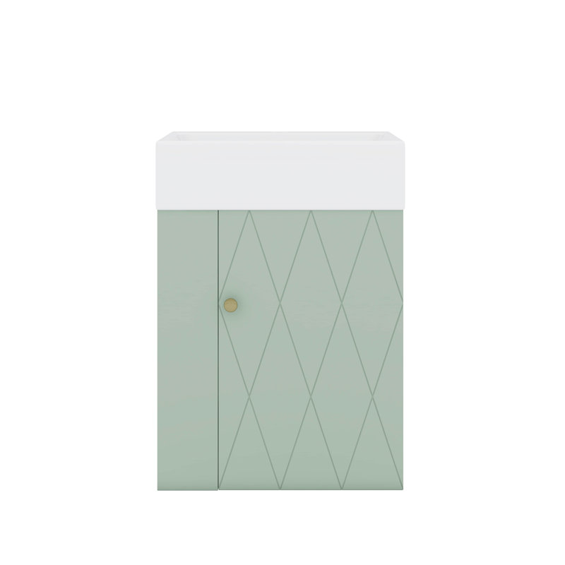 Meuble-lavabo compact de 20 po, lavabo en céramique, porte à motif de losanges, poignées dorées, tablettes latérales, Vert