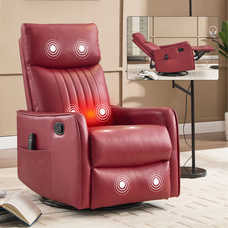 Faux Leather Heat Massage Manual Recliner Chair With Rocker And Swivel For Living Room, Red