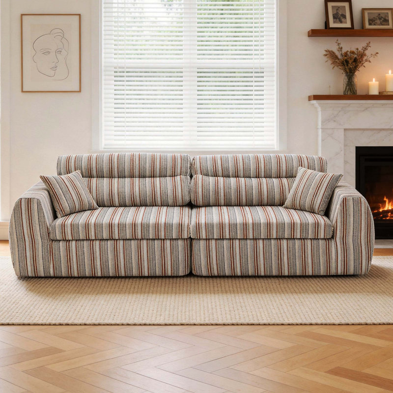 Canapé tissé à rayures en chenille tissé, canapé droit compact avec éponge haute densité, canapé sans assemblage pour un salon, un appartement et un bureau, blanc et brun