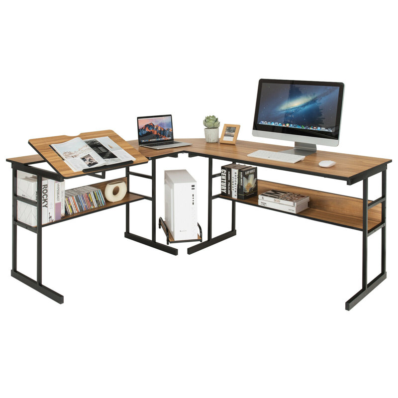 Doireann L-Shaped Metal Base Drafting Table, Walnut/Black