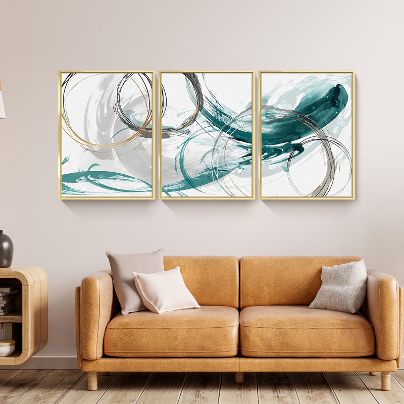 Abstrait - Peinture sur toile 3 pièces, H 24 po x l 48 po, Encadrement doré