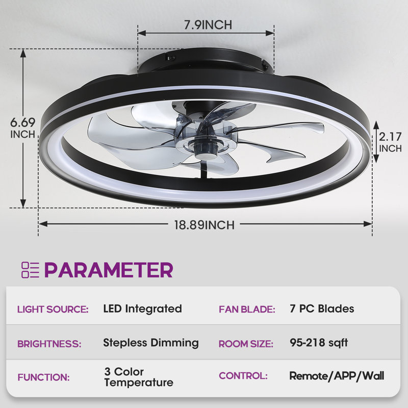 Makaiyla 20" Indoor Flush Mount Ceiling Fan with LED Integrated Light and Remote & App Control, Black