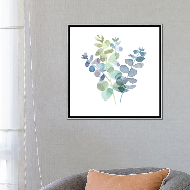 «Natural Inspiration Blue Eucalyptus on White II» par Tara Reed - reproduction d'art, Toile avec cadre argenté, Aucun mat