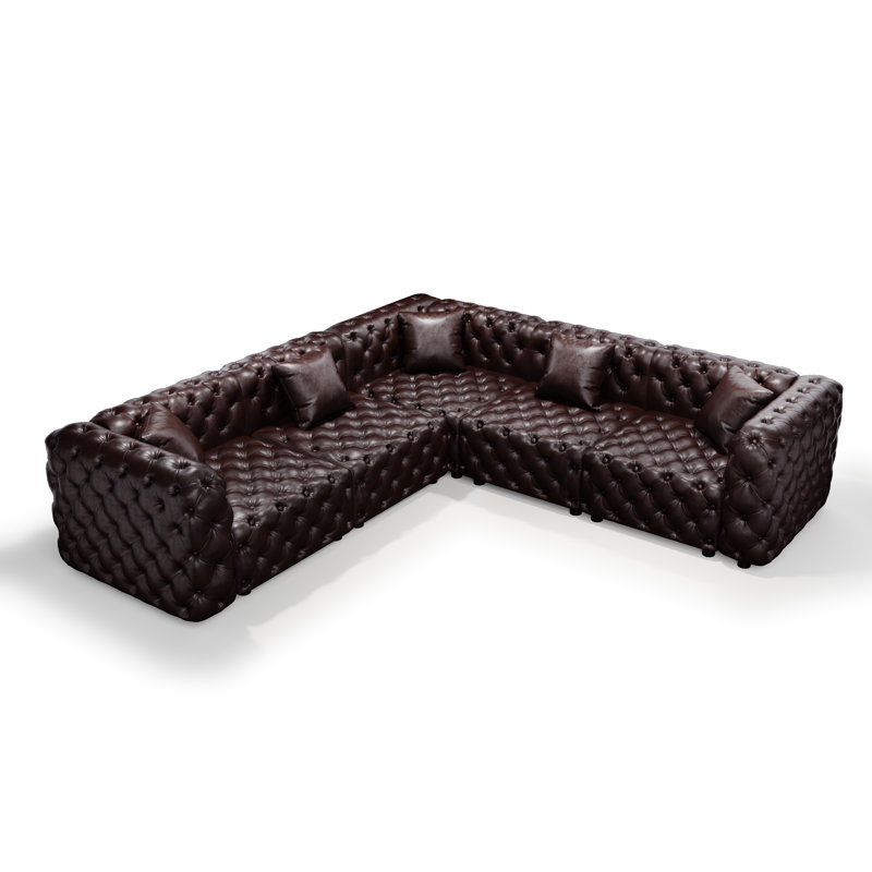 Canapé Chesterfield modulaire en forme de L de 132,5 po, canapé modulaire 5 places, canapé modulaire avec 5 coussins, 5, Brun