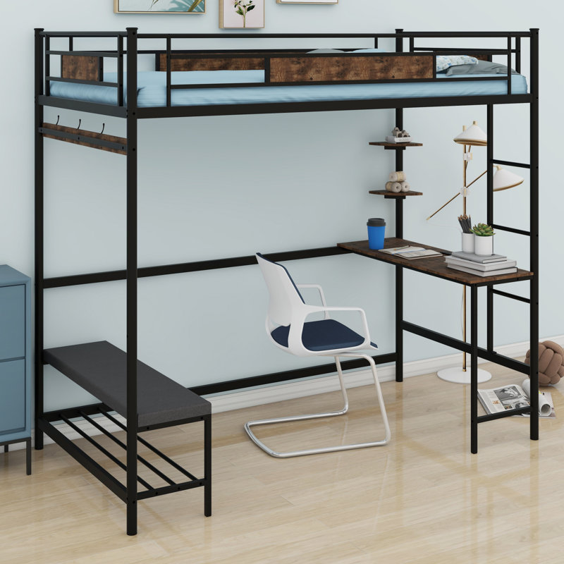 Lit mezzanine robuste avec bureau intégré, tablettes de rangement et crochets à manteaux