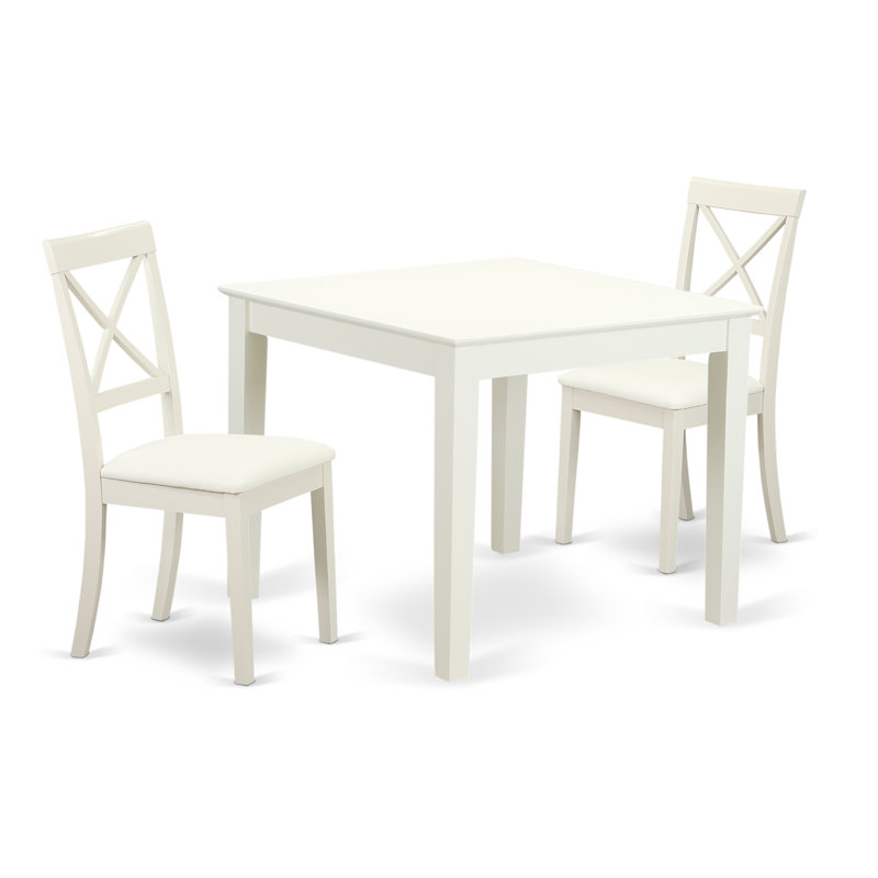 3 Piece Modern Dining Table Set Contains a Square Wooden Table and 2 Faux Leather Dining Room Chairs, Linen White