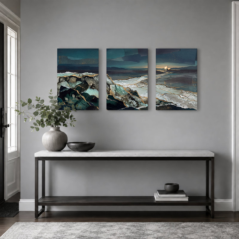 Toile foncée bleu sarcelle craquelée avec veines dorées, ensemble de 3 toiles, 24"H x 16"W x 3pcs