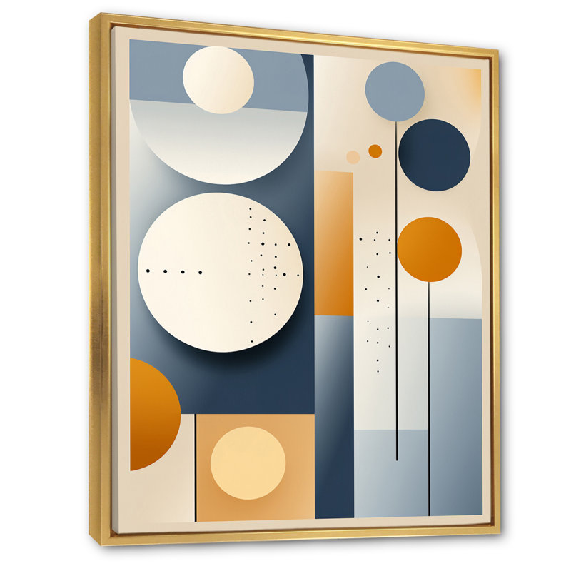 Graphique circulaire géométrique en jaune et bleu - imprimé, Cadre flottant doré, H 44 po x l 34 po x P 1,5 po